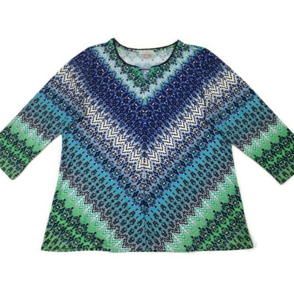 Roz & Ali Blue Multicolor Print Split Neck 3/4 Sleeve Knit Top Blouse Womens 1X - Picture 9 of 10